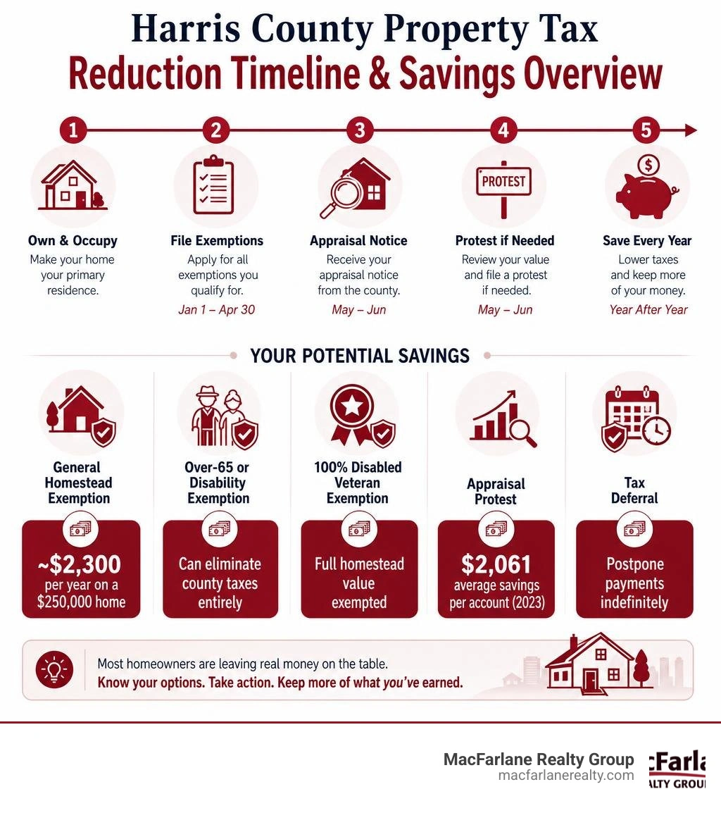 Harris County property tax reduction timeline and savings overview infographic infographic