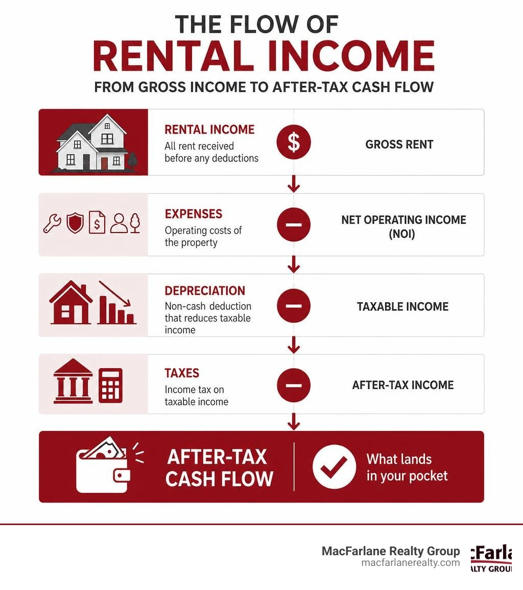Flow of rental income through expenses, depreciation, and taxes to after-tax cash flow infographic infographic