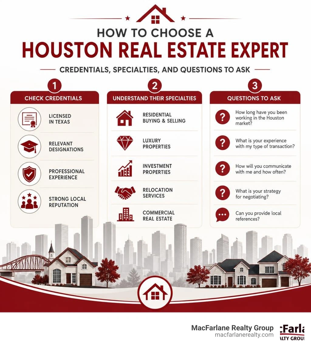 How to choose a Houston real estate expert - credentials, specialties, and questions to ask infographic How to choose a Houston real estate expert - credentials, specialties, and questions to ask infographic