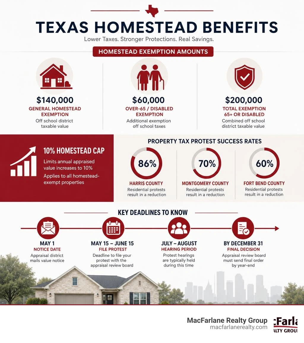 Infographic showing Texas homestead exemption amounts, 10% cap, protest success rates, and key deadlines infographic