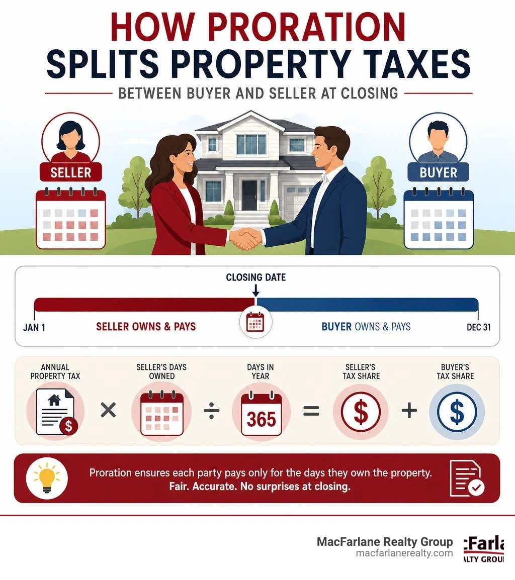 Infographic showing how proration splits property taxes between buyer and seller at closing infographic
