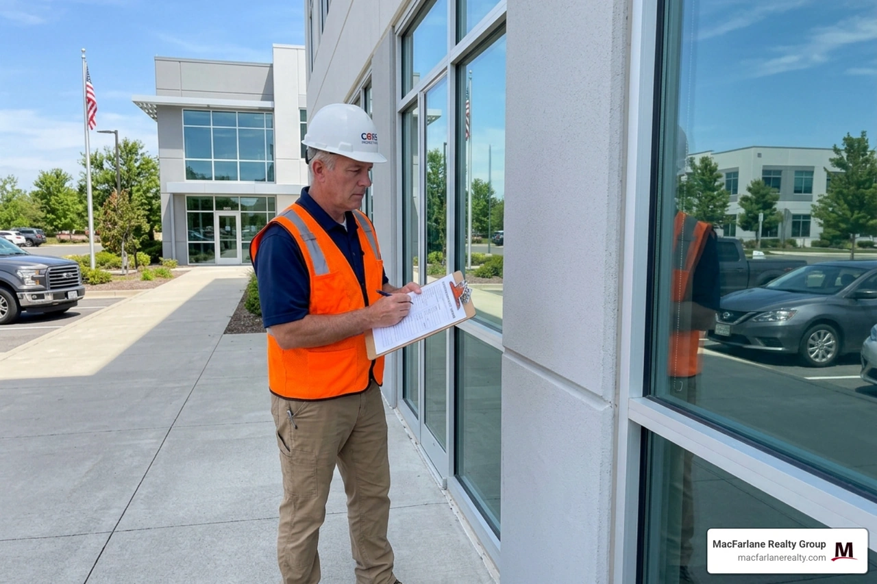 property inspector checking a commercial building - valuing a commercial property property inspector checking a commercial building - valuing a commercial property