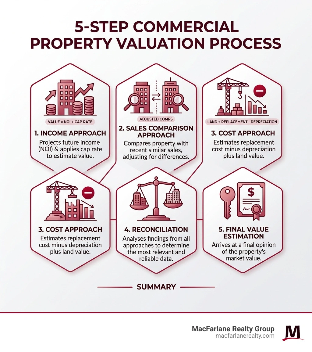 5-step commercial property valuation process infographic showing income, sales, cost, reconciliation, and final value steps 5-step commercial property valuation process infographic showing income, sales, cost, reconciliation, and final value steps