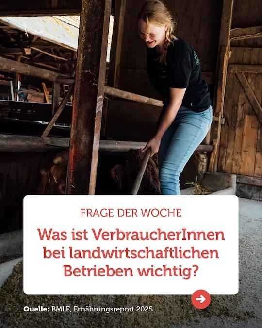 Frau in Scheune streichelt Kuh im Stall, Text: Was ist Verbraucher bei landwirtschaftlichen Betrieben wichtig?