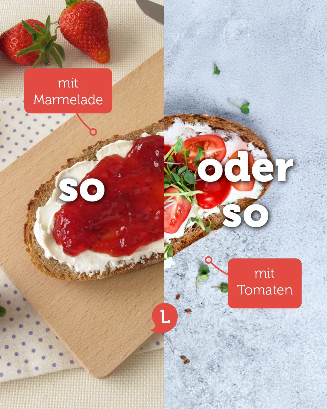 Zweierlei Brot mit Frischkäse: links mit Marmelade, rechts mit Tomaten und frischen Kräutern.