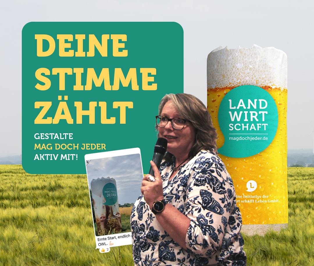 Frau mit Mikrofon vor Feld, Text 'Deine Stimme zählt', großes Bierglas mit 'Landwirtschaft' Logo.