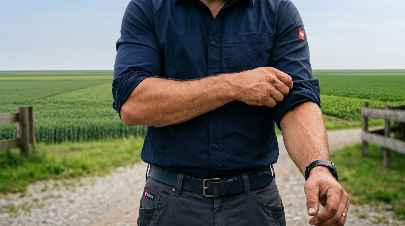 Ein Mann der sich die Ärmel hochkrempelt, im Hintergrund ist ein grünes Feld zu sehen.