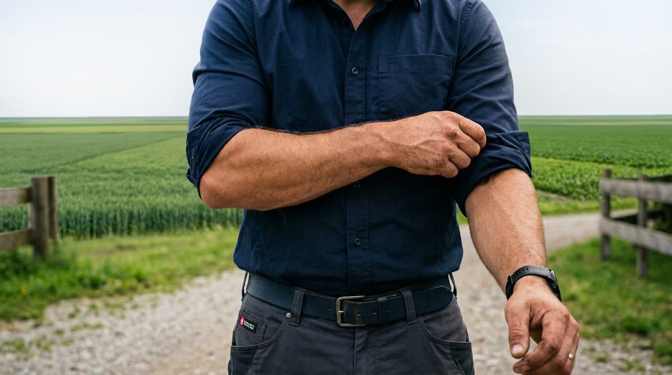Ein Mann der sich die Ärmel hochkrempelt, im Hintergrund ist ein grünes Feld zu sehen.