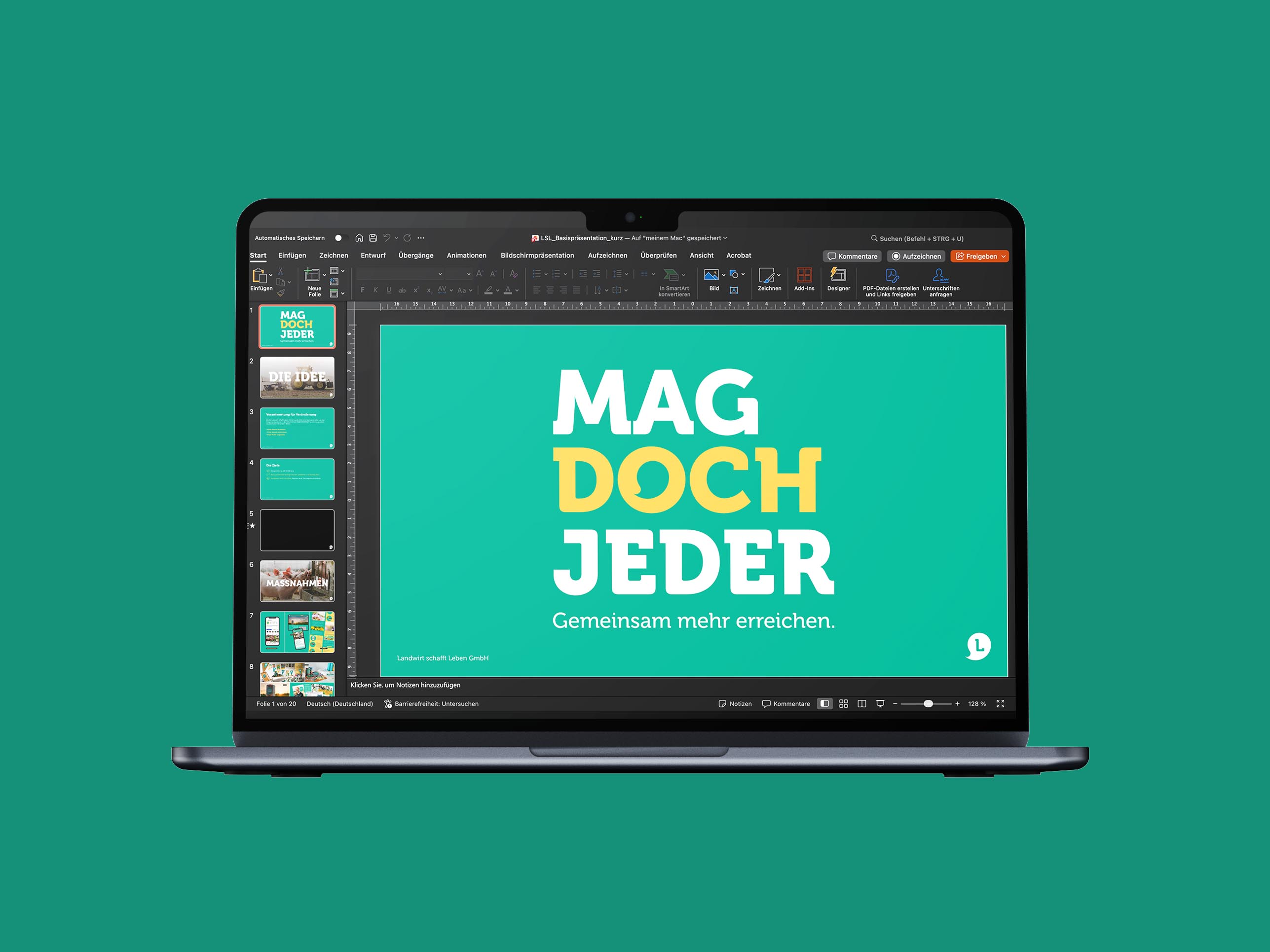 Laptop mit grünem Bildschirm und Text „Mag doch jeder. Gemeinsam mehr erreichen.“