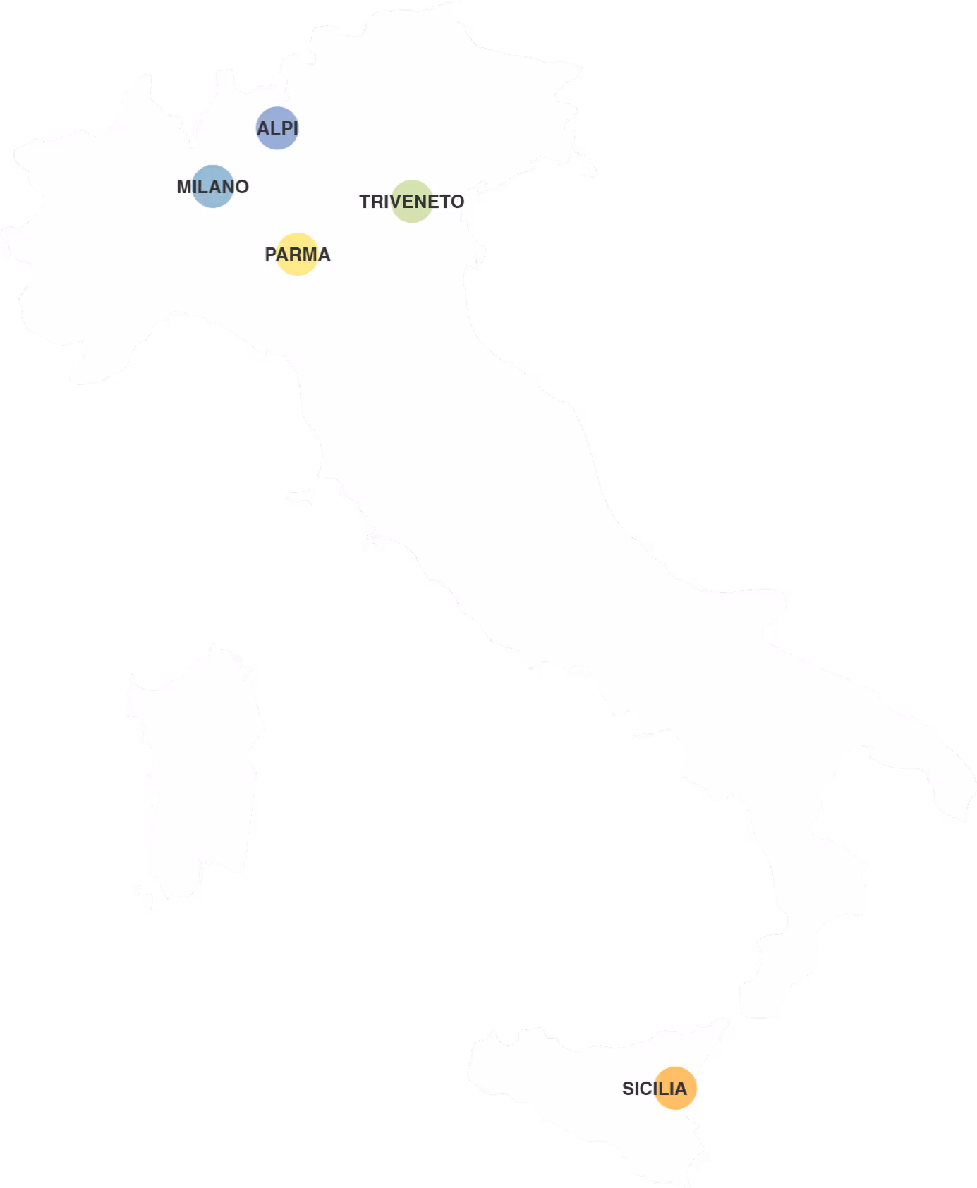 Mappa dell'Italia con località evidenziate: Milano, Sondrio, Triveneto, Parma e Catania, ciascuna con il logo Le Village.