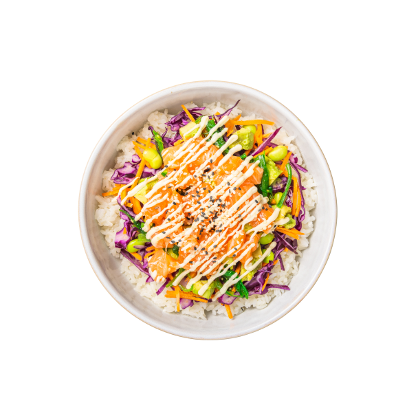 Eine farbenfrohe Poke Bowl mit weißem Reis, belegt mit Lachsscheiben, Rotkohl, Avocado, Karotten, beträufelt mit Sauce und bestreut mit Sesamkörnern.