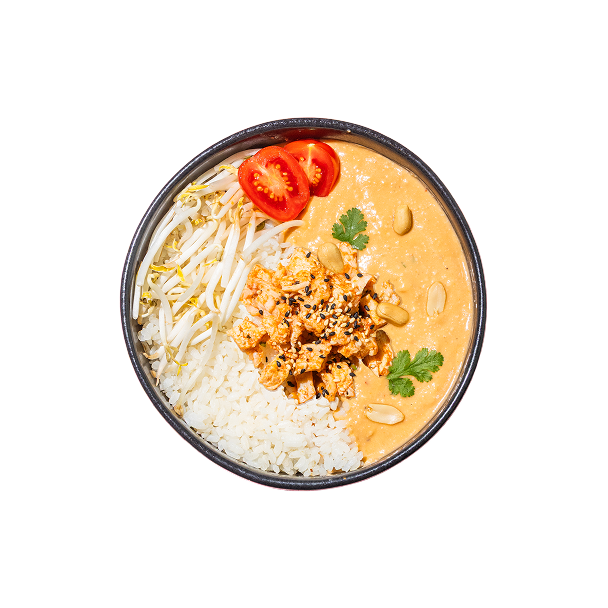 Eine farbenfrohe Schüssel mit cremiger Erdnusssauce, Reis, Sojasprossen, Kirschtomaten und Tofu, garniert mit Sesam, Koriander und Erdnüssen, vor schwarzem Hintergrund.