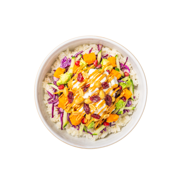 Bunte Reisschüssel mit Rotkohl, orangefarbenen Süßkartoffeln, grünem Brokkoli, Gurke, beträufelt mit Sauce, garniert mit Nüssen und Preiselbeeren. Lebendig und frisch.