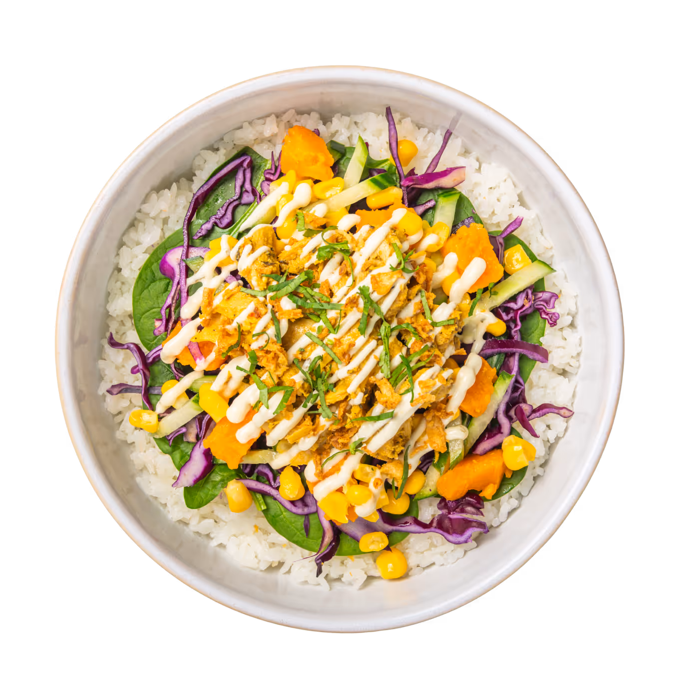 Eine farbenfrohe Reisschüssel mit weißem Reis, Blattgemüse, Rotkohl, Orangenkürbis, Mais, Hühnerfleischstreifen und einem cremigen Dressing.