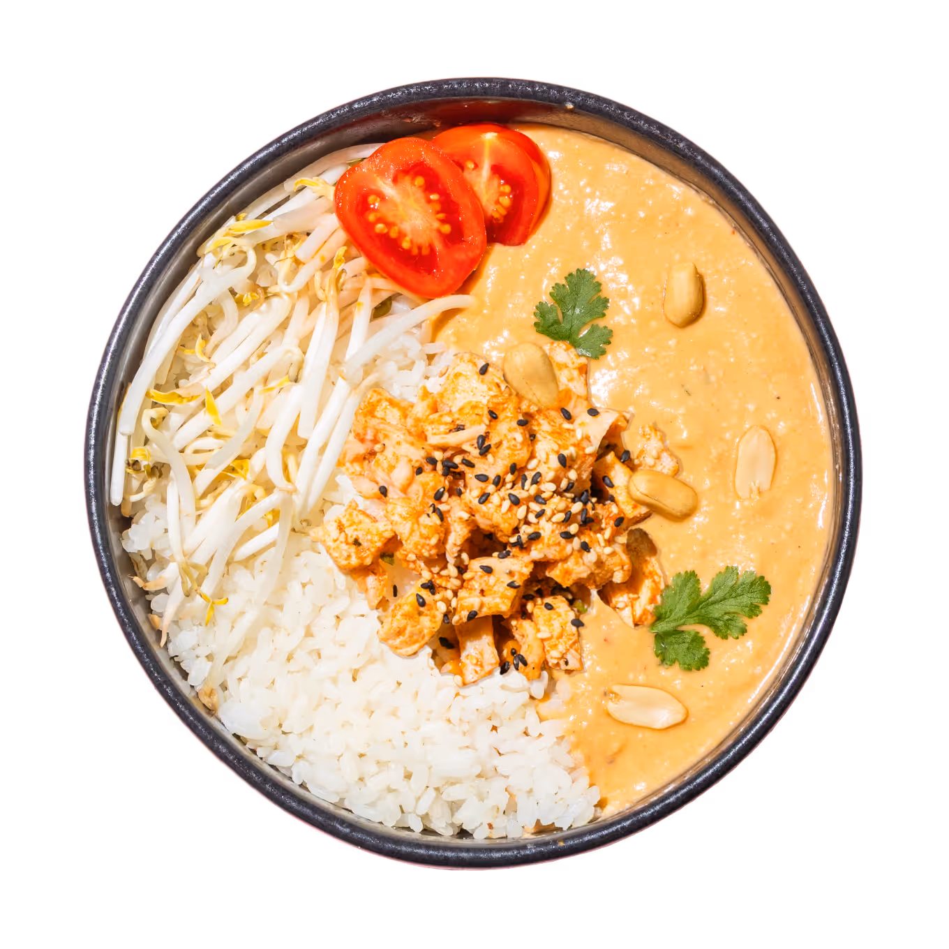 Eine farbenfrohe Schüssel mit weißem Reis, Sojasprossen, cremiger Erdnusssauce, gewürfelten Tomaten, garniert mit Koriander, Erdnüssen und Sesamsamen auf schwarzem Hintergrund.