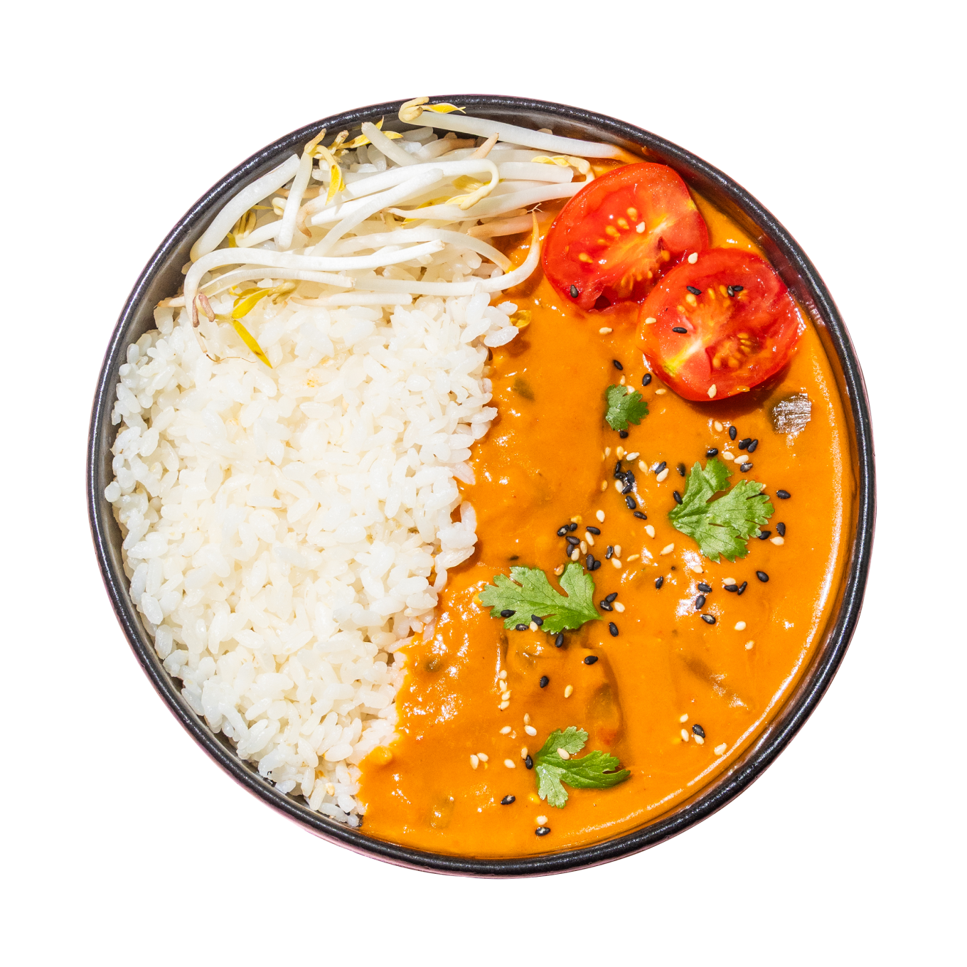 Eine runde Schüssel enthält weißen Reis, frische Sojasprossen und Orangencurry, garniert mit Tomatenscheiben, Koriander und schwarzen Sesamsamen auf schwarzem Hintergrund.