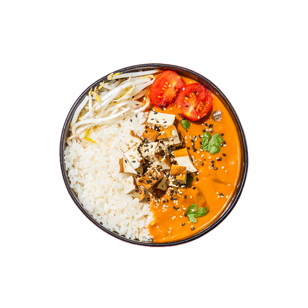 Eine farbenfrohe Schüssel mit Reis, Sojasprossen, Tofu und Tomatenscheiben in Orangen-Currysauce, garniert mit Sesamsamen und Koriander. Schwarzer Hintergrund.