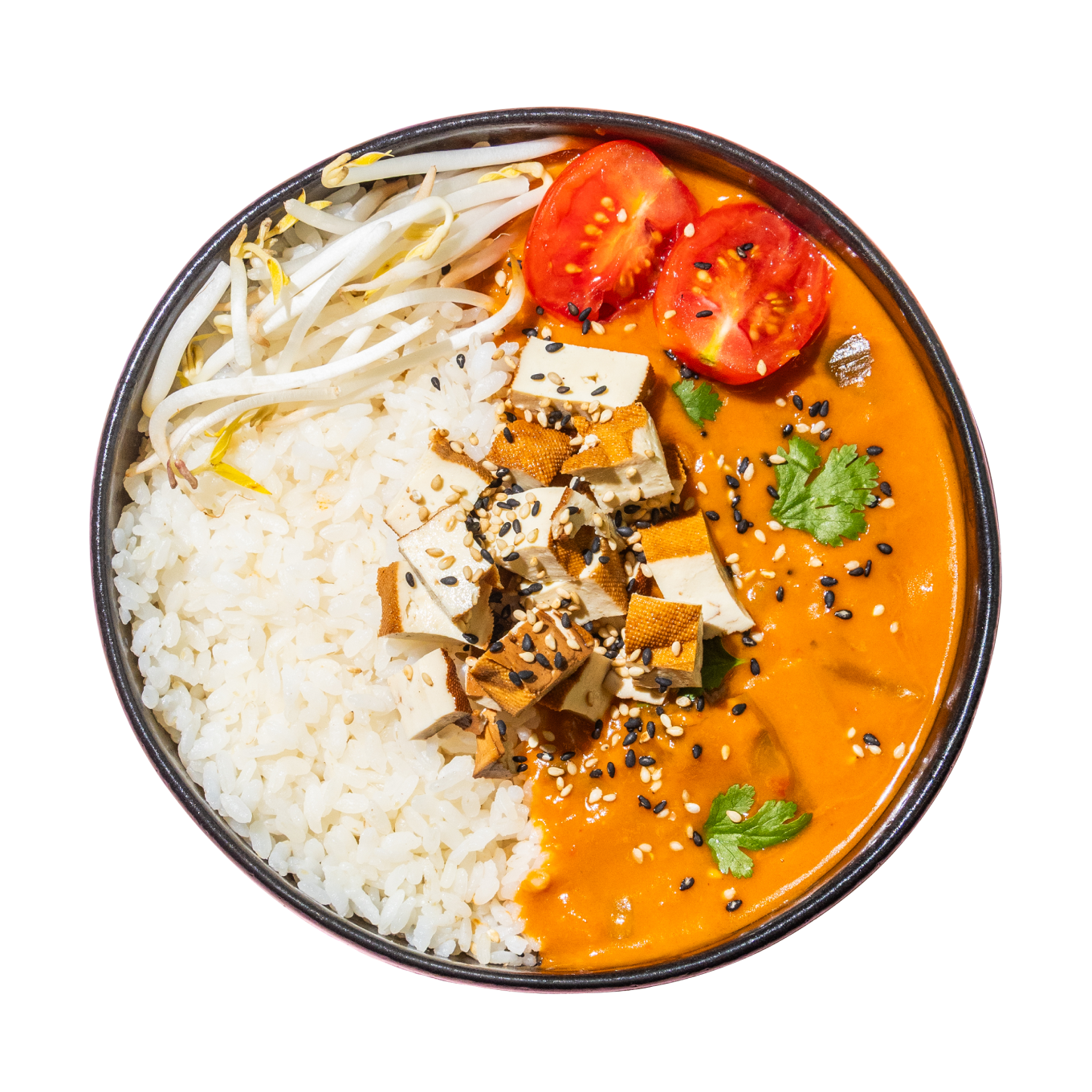 Eine farbenfrohe Schüssel mit Reis, Sojasprossen, Tofu und Tomatenscheiben in Orangen-Currysauce, garniert mit Sesamsamen und Koriander. Schwarzer Hintergrund.