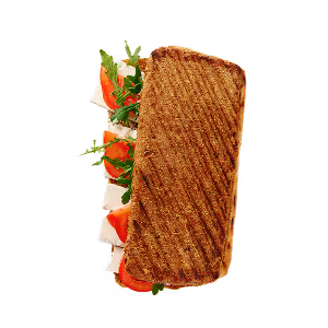 Gegrilltes Sandwich mit Tomatenscheiben, Mozzarella und Rucola in geröstetem Brot auf schwarzem Hintergrund – wirkt frisch und appetitlich.