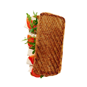 Gegrilltes Sandwich mit Tomatenscheiben, Mozzarella und Rucola in geröstetem Brot auf schwarzem Hintergrund – wirkt frisch und appetitlich.