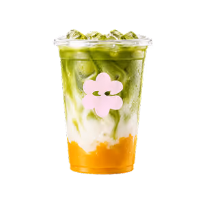 Eis-Matcha-Latte in einem durchsichtigen Kunststoffbecher, geschichtet über Orangensirup, mit Eiswürfeln und einer rosa Blüte als Garnitur, vor schwarzem Hintergrund.