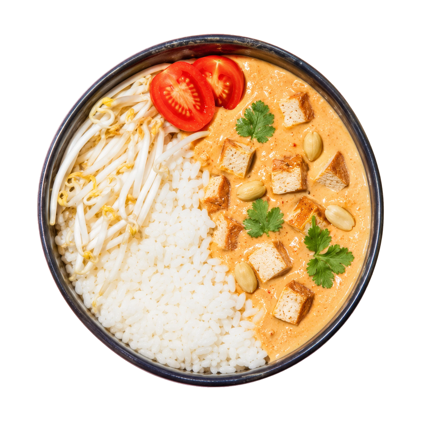 Draufsicht auf eine Schale mit weißem Reis und Sojasprossen neben cremigem Orangen-Curry mit Tofu, Erdnüssen, Tomatenscheiben und frischem Koriander auf schwarzem Untergrund.