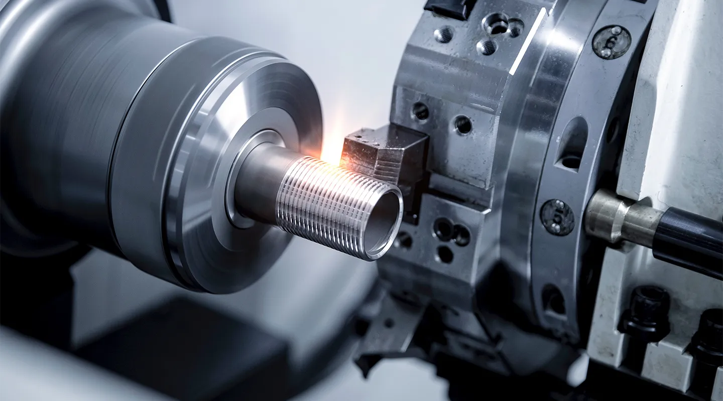 Draaimachine die metalen buis met schroefdraad bewerkt in een industriële omgeving.