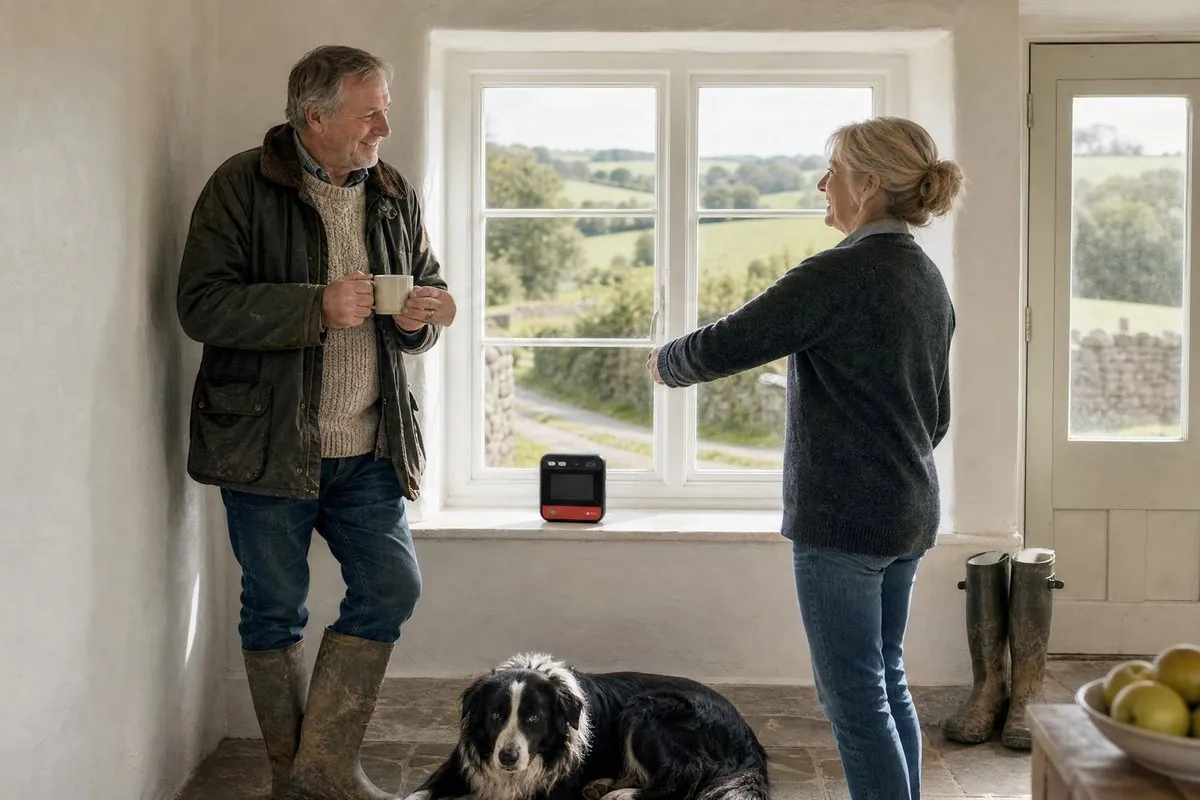 A farming couple talking in their boot room, with a home defibrillator on the windowsill and the sheepdog at their feet