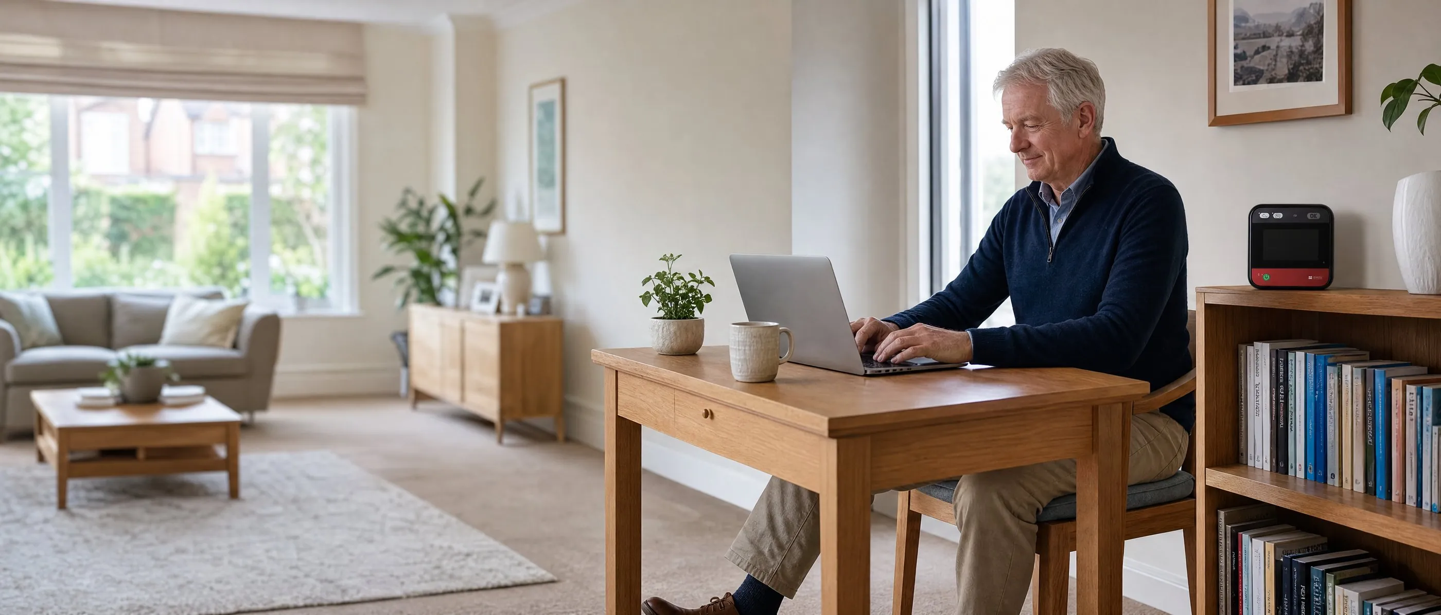 A man in his sixties typing on a laptop at a small desk by the window, with a home defibrillator on the bookcase beside him