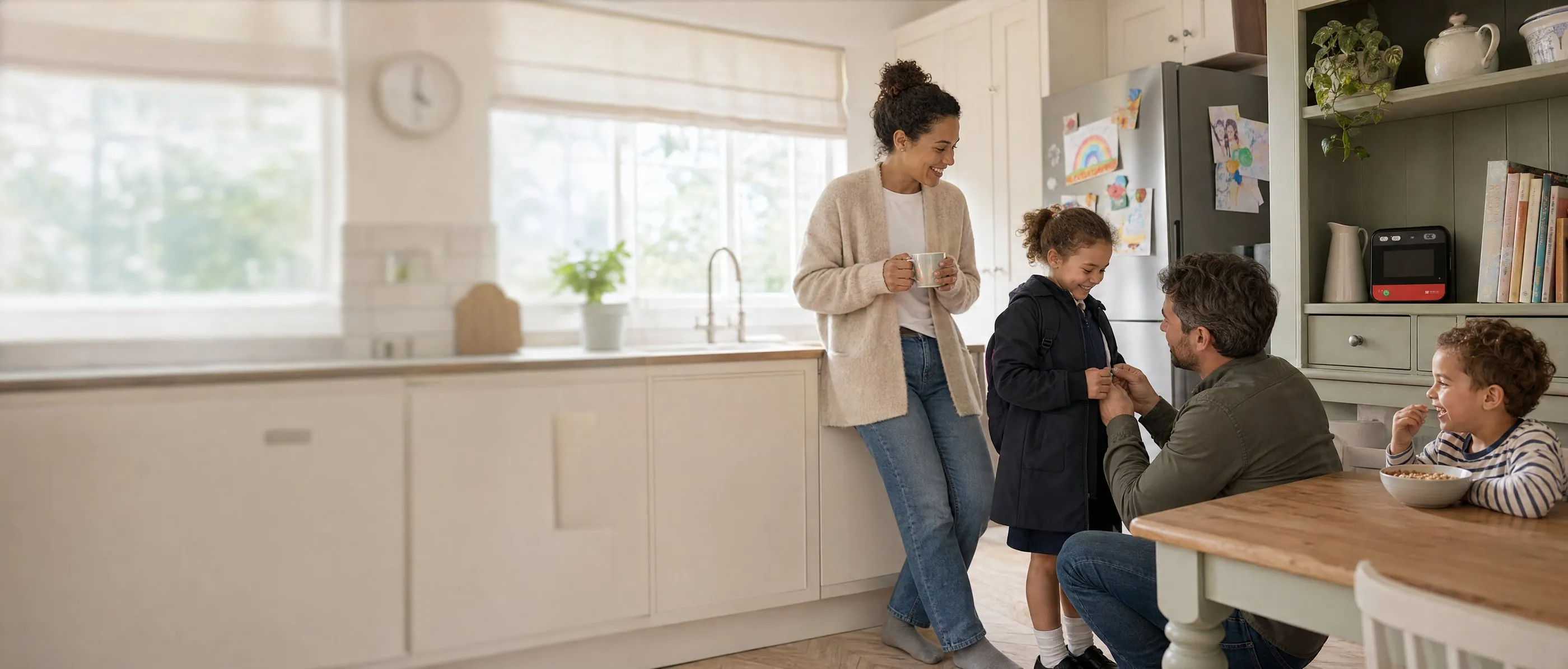 Parents getting their daughter ready for school in the kitchen while their son eats breakfast, with their home defibrillator on the dresser shelf at adult height