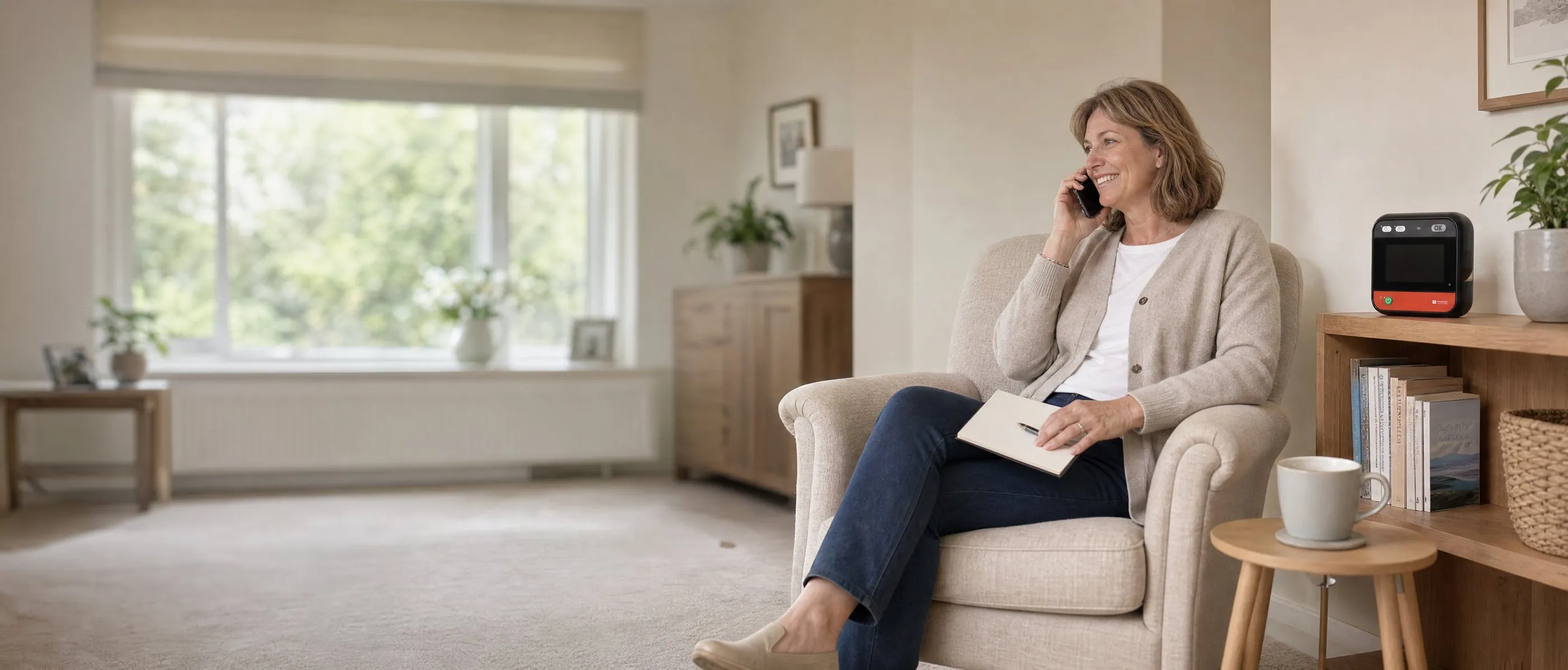A woman in her fifties on the phone in an armchair by the window, with a home defibrillator on the bookcase beside her