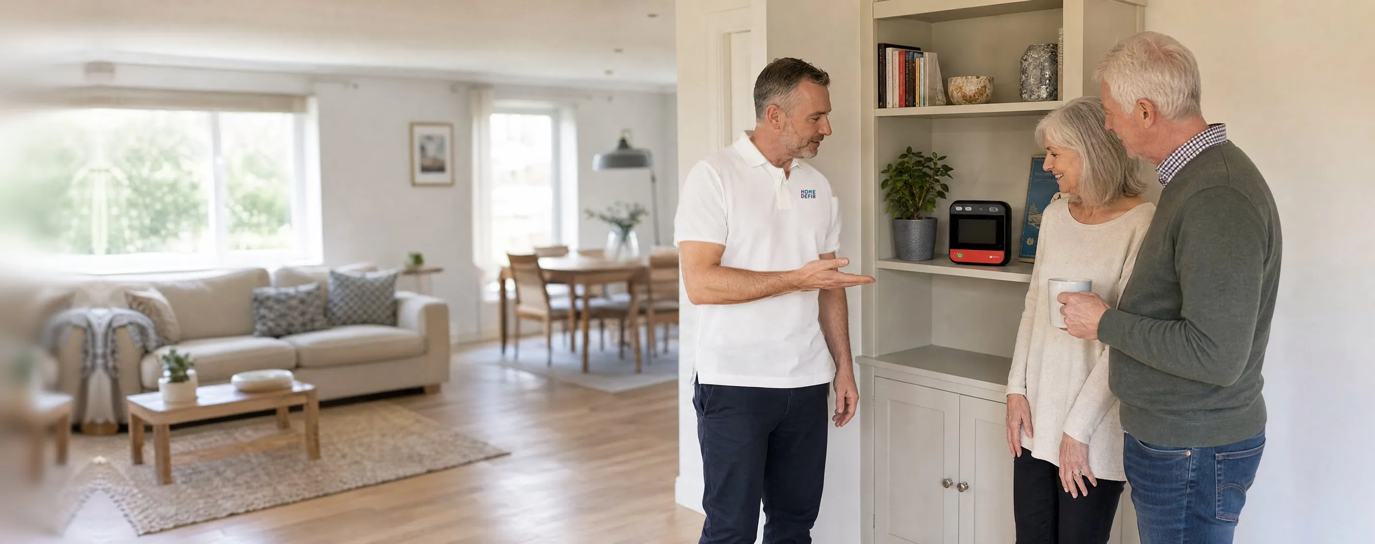A Home Defib technician showing an older couple their new home defibrillator on a shelf in their living room