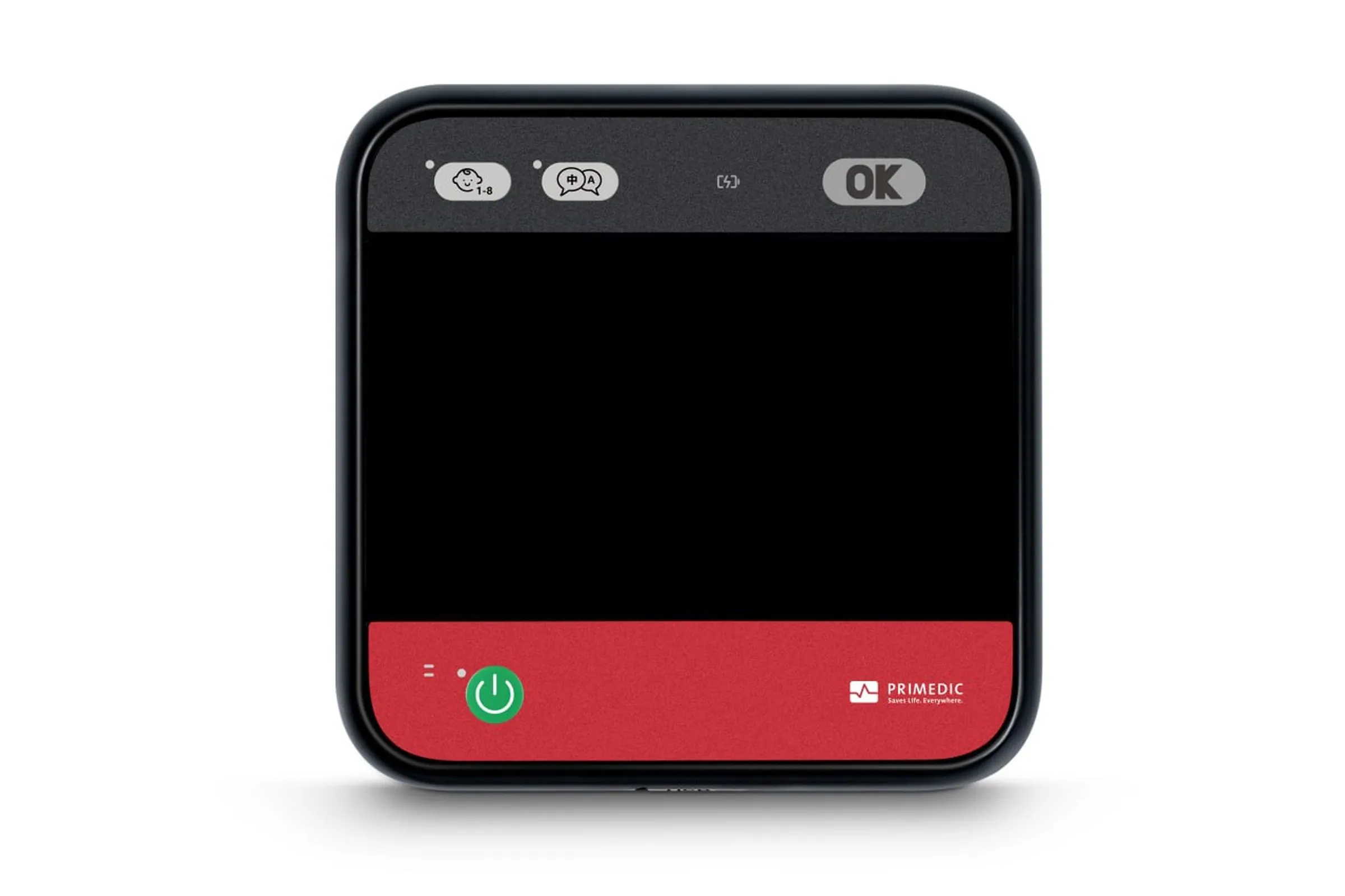 Front view of the Primedic HeartSave myPAD home defibrillator