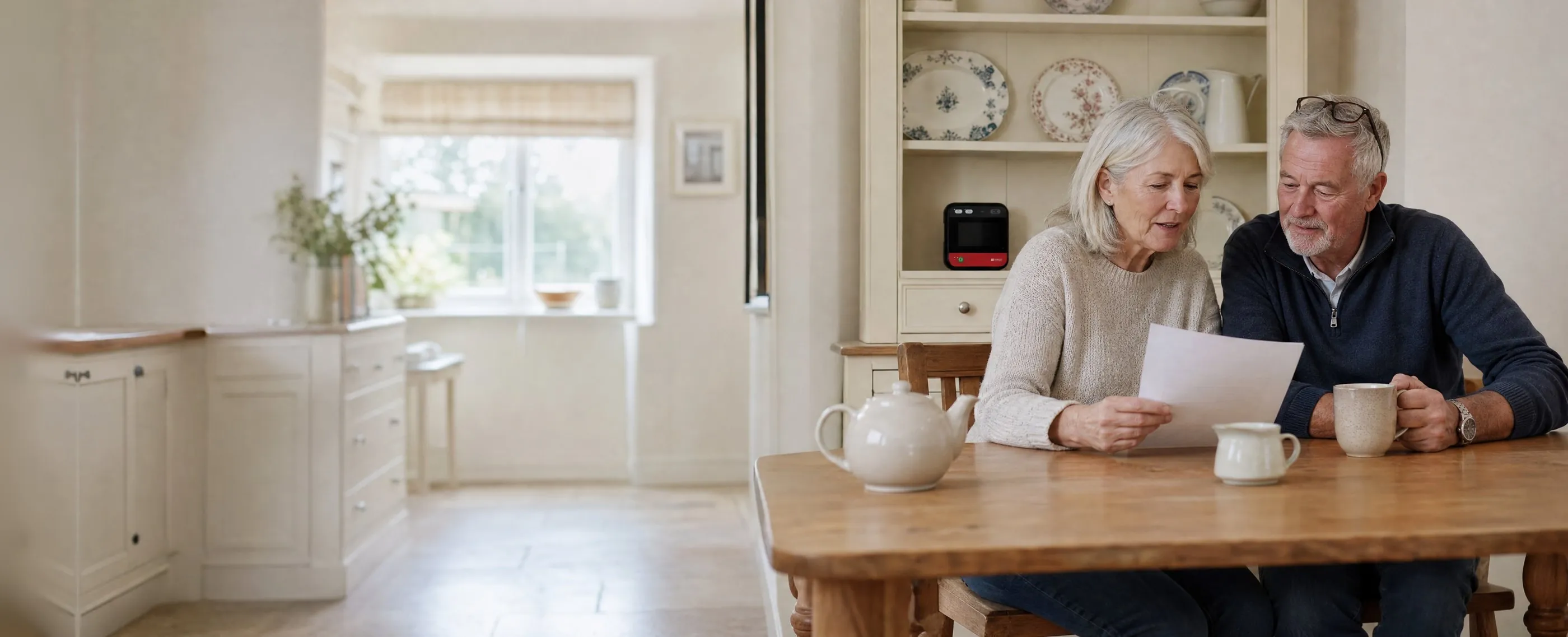 An older couple reading a leaflet over a pot of tea at their kitchen table, with their home defibrillator on the dresser behind them