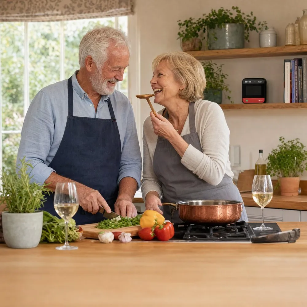 An older couple cooking together, with their home defibrillator on the kitchen shelf