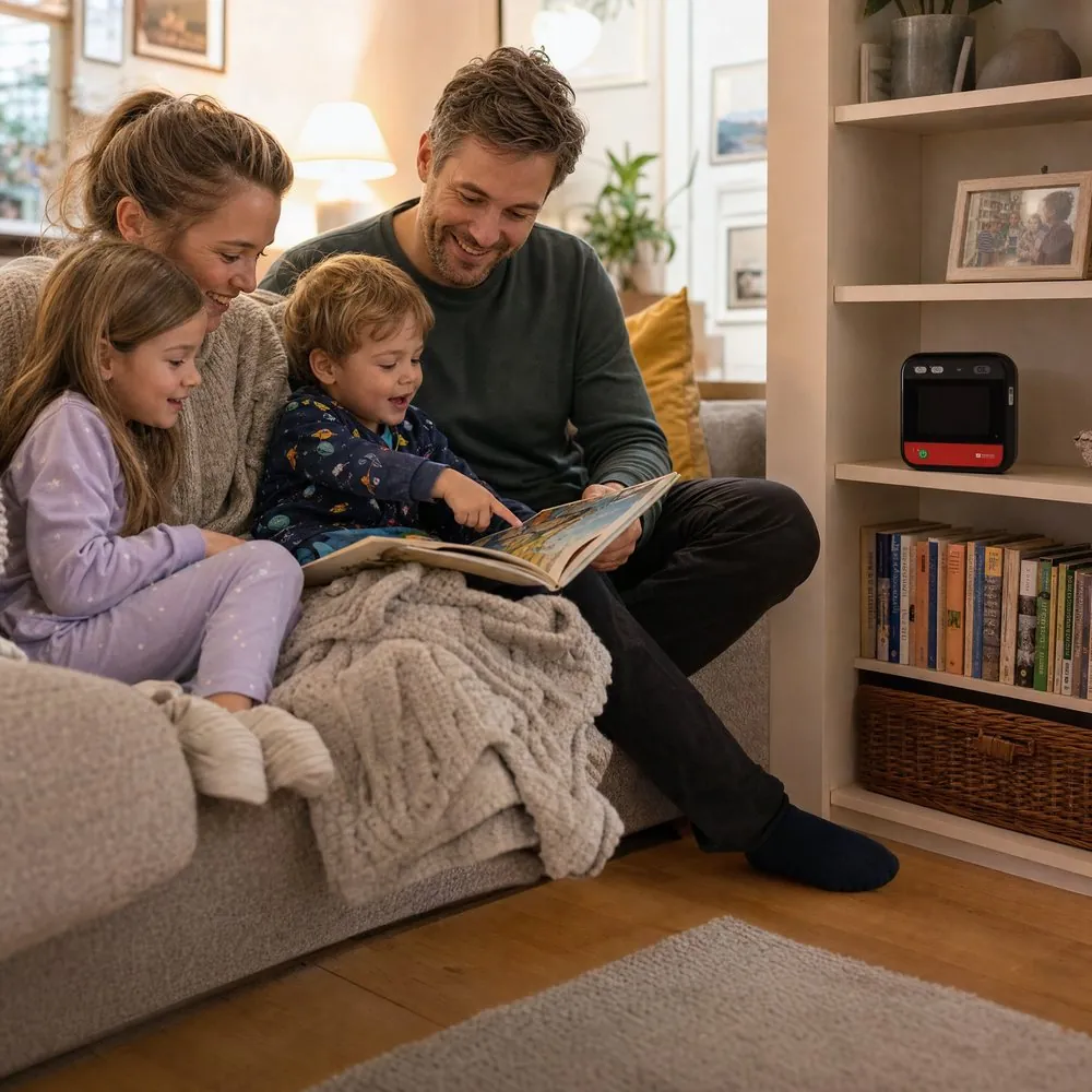 A family reading a bedtime story on the sofa, with their home defibrillator on the bookcase