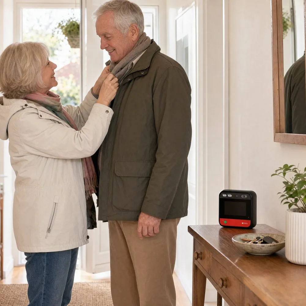 A couple getting ready for a walk in their hallway, with a home defibrillator on the console table