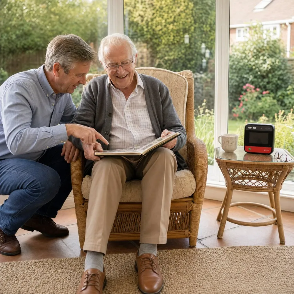 An elderly father and his son looking through a photo album, with a home defibrillator on the side table