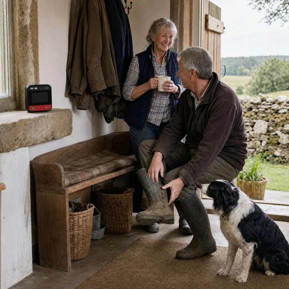 A farming couple and their sheepdog in the boot room, with a home defibrillator on the windowsill