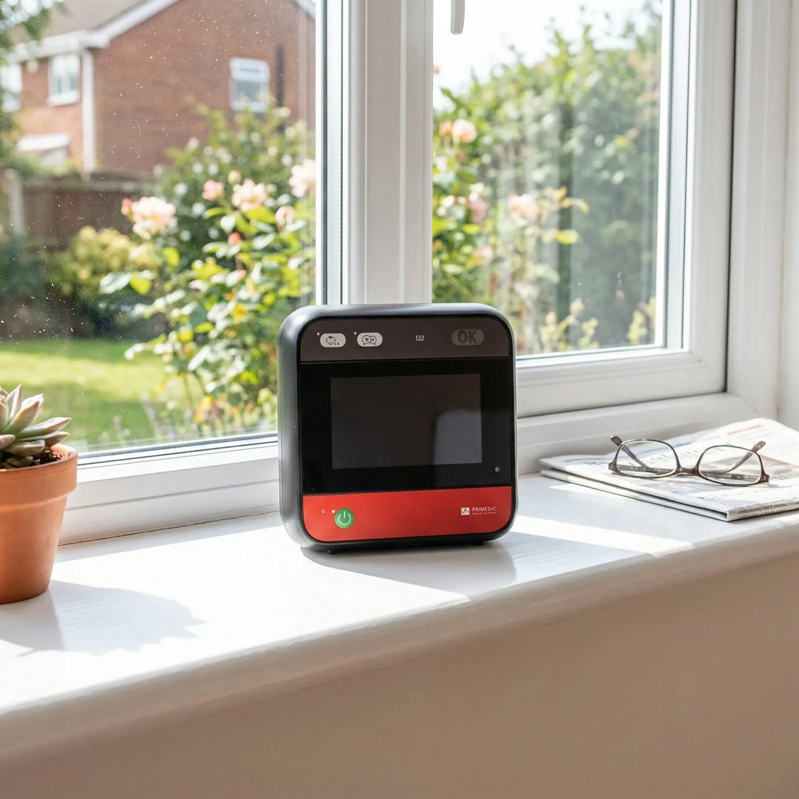 A Primedic HeartSave myPAD home defibrillator on a sunny windowsill, beside a potted plant and a pair of reading glasses, with the garden outside