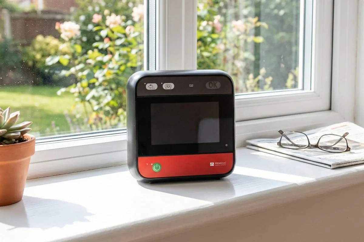The Primedic HeartSave myPAD home defibrillator on a sunlit windowsill, beside a pair of glasses and a folded newspaper