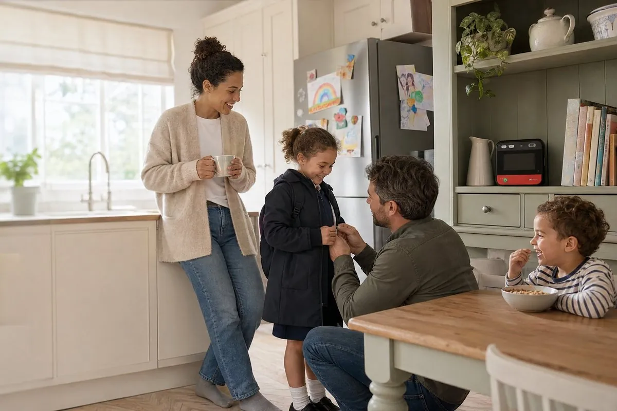 A family in their kitchen on a school morning, with their home defibrillator on the dresser shelf behind them