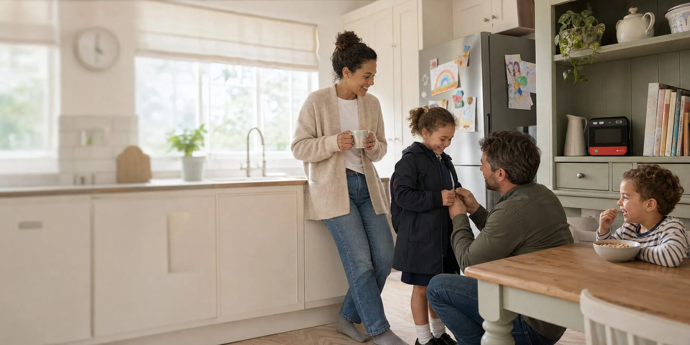 A family in their kitchen on a school morning, with their home defibrillator on the dresser shelf behind them