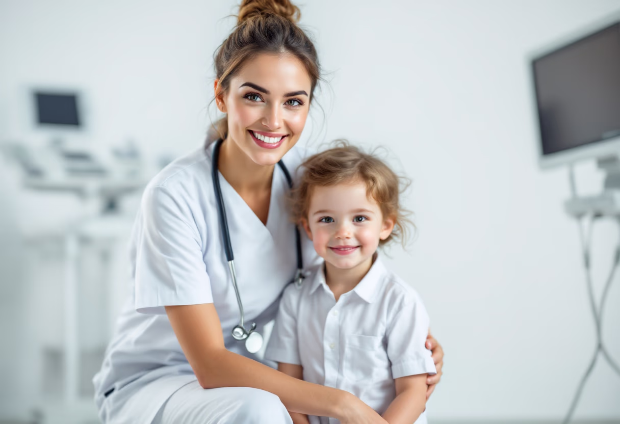 a diverse, modern nurse smiling warmly as they comfort a child patient