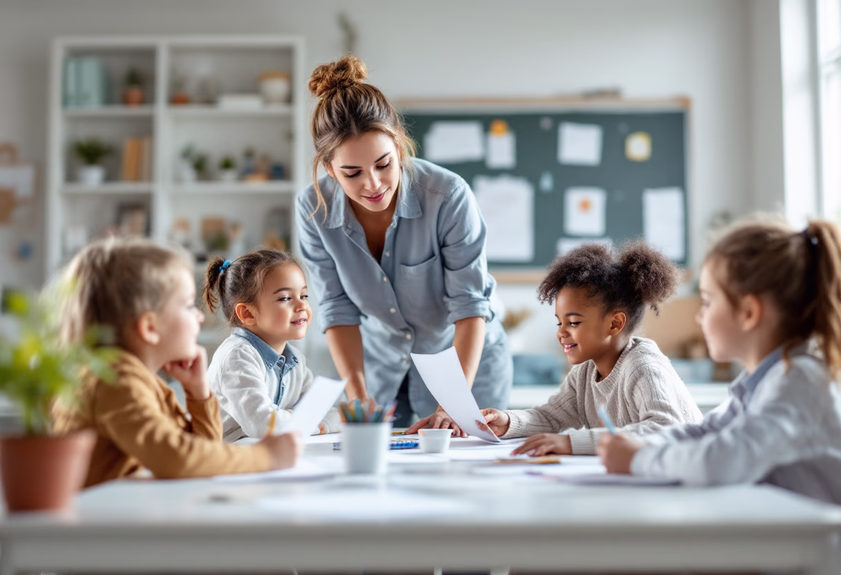 image of a volunteer teaching children at a community center