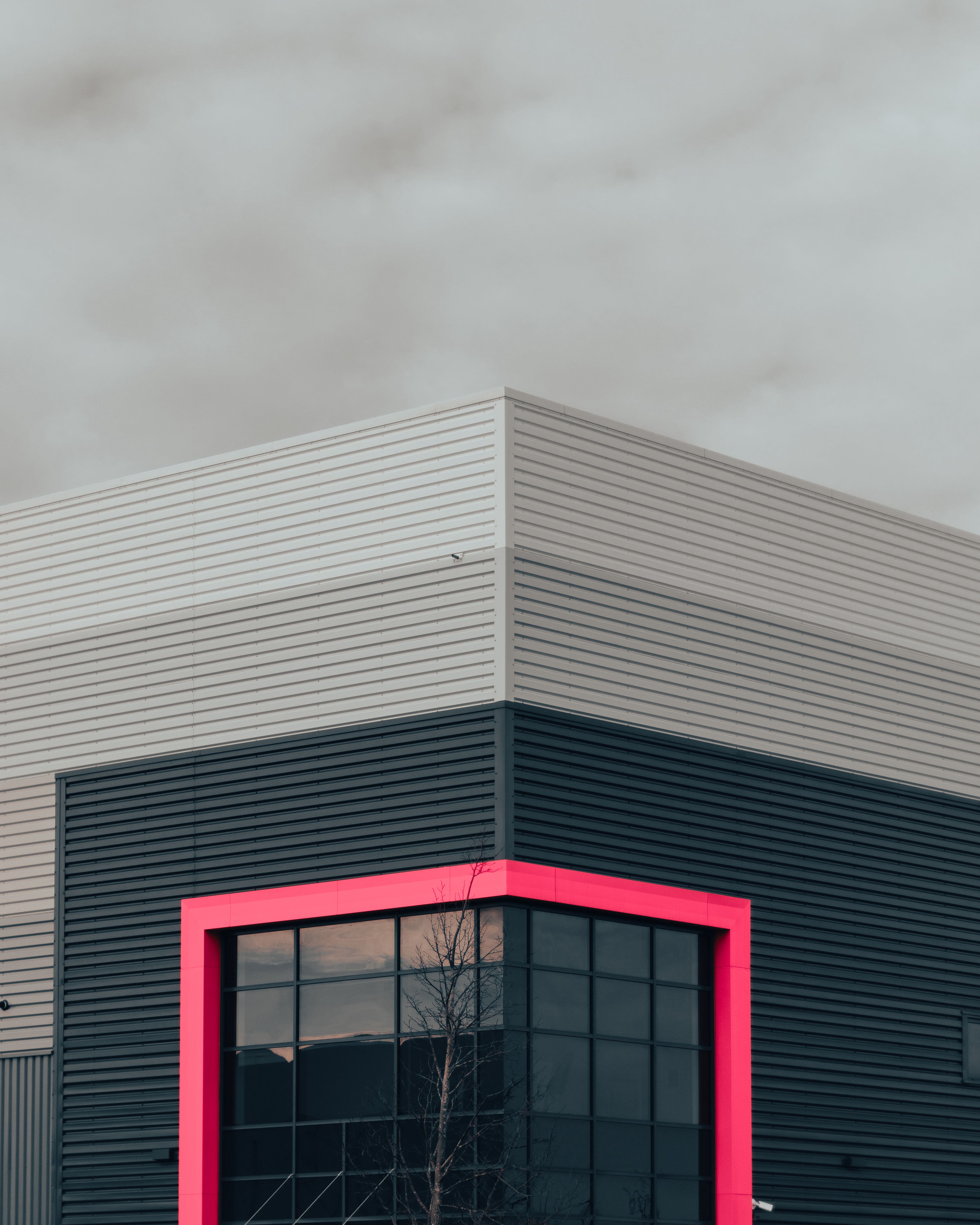 Modern commercial building with a pink-framed corner window