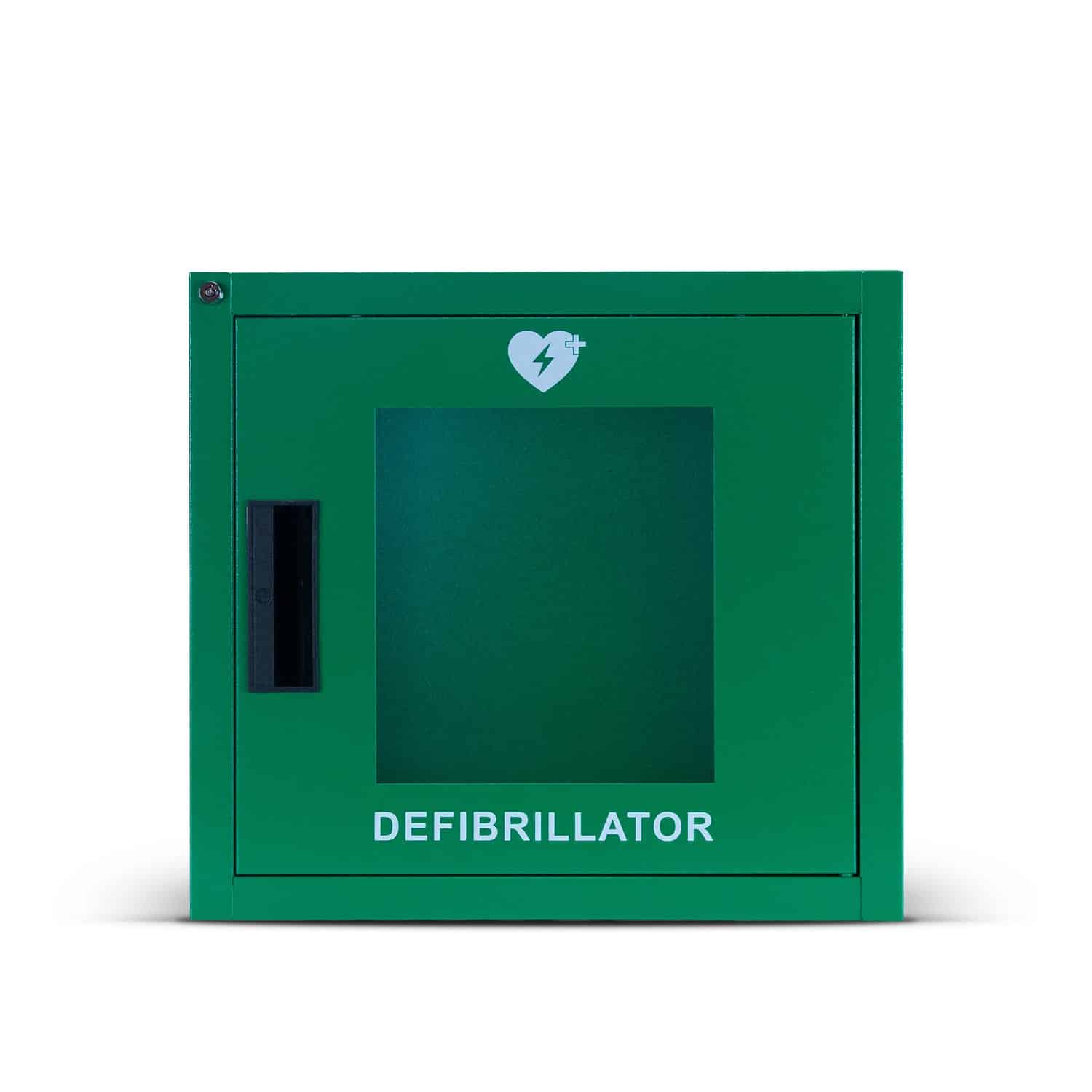 Green indoor defibrillator wall cabinet with viewing window