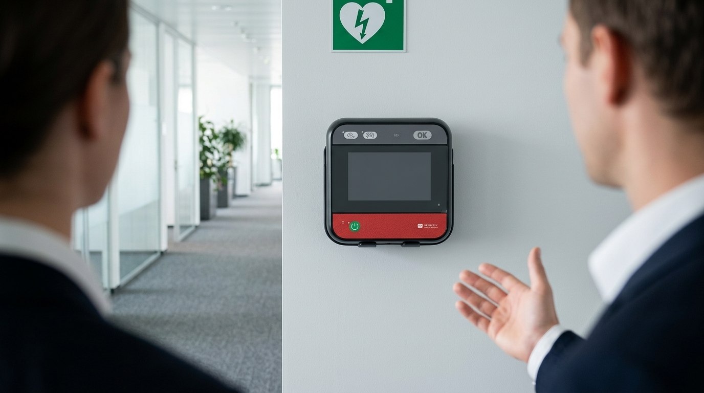 Two colleagues discussing a wall-mounted workplace defibrillator beneath an AED sign