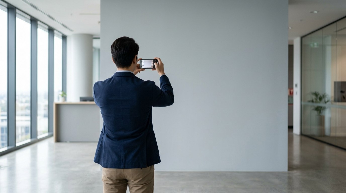 Person photographing an empty office wall with a phone to plan defibrillator placement