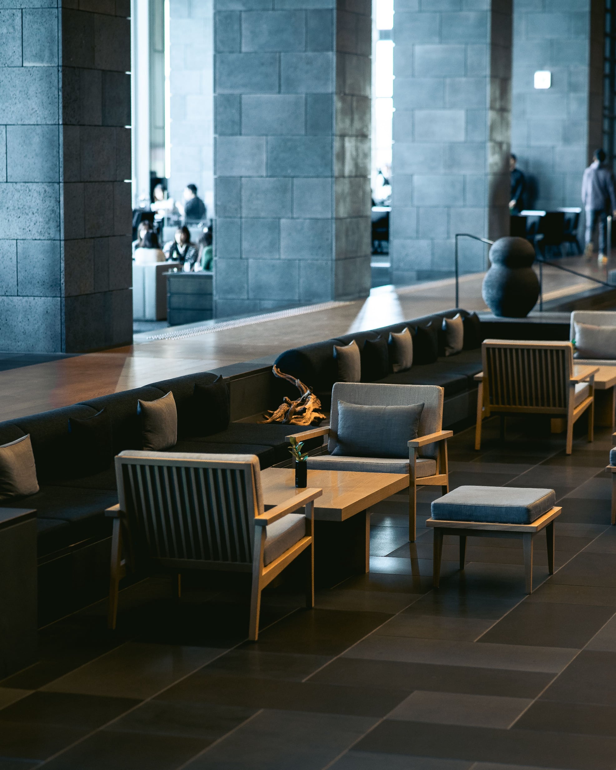 Hotel lobby with warm evening lighting